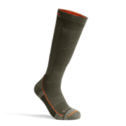 Deep Lichen mid weight OTC crew sock with orange trim at cuff and orange-stitched toe