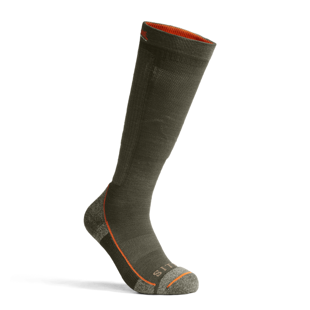 Deep Lichen mid weight OTC crew sock with orange trim at cuff and orange-stitched toe