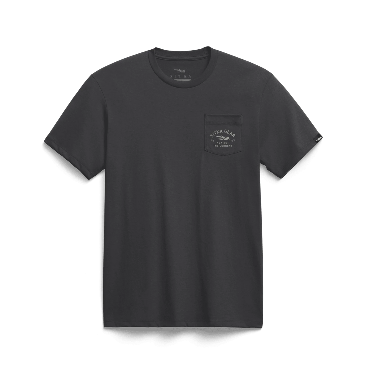 Dark charcoal crew-neck pocket t-shirt with small chest pocket logo