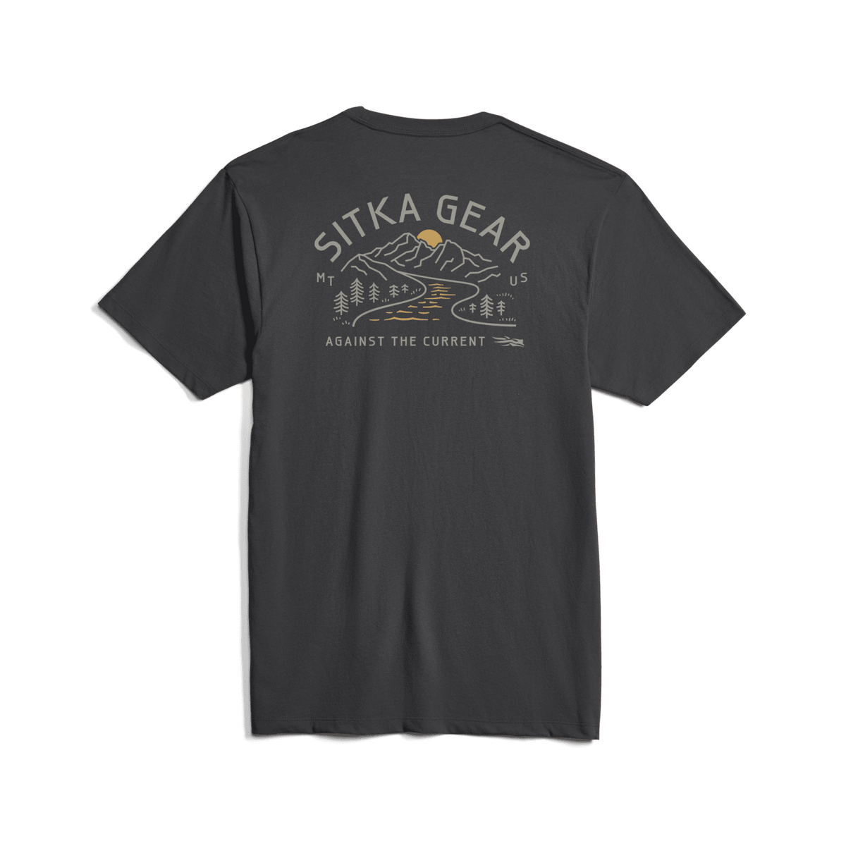 Black crew-neck pocket t-shirt, back view with SITKA GEAR emblem graphic