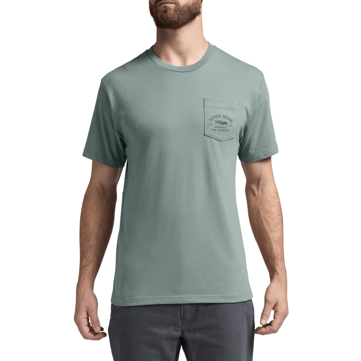 Teal pocket T-shirt with a left chest pocket and small Sitka Gear logo.