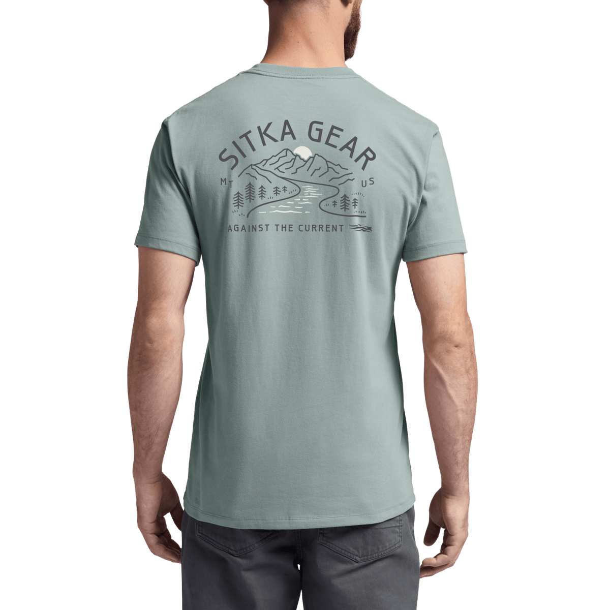 Seafoam crew-neck pocket t-shirt worn, back graphic print visible