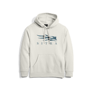 Ivory hoodie with blue logo print, kangaroo pocket, and pullover hood
