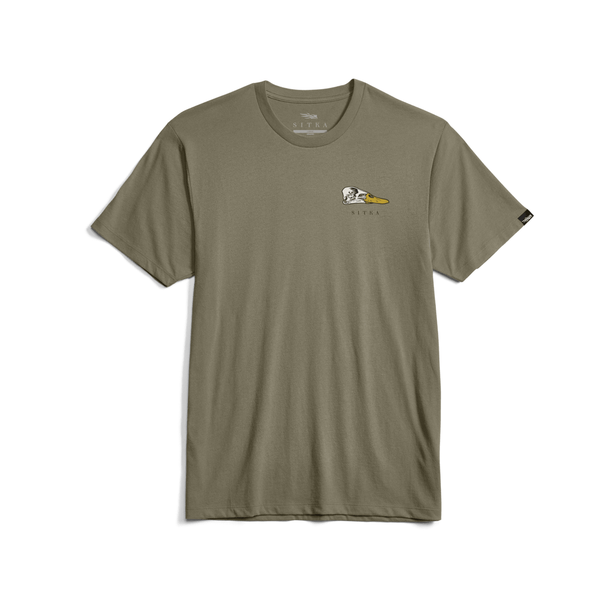 Dark sage green waterfowl graphic T-shirt with small chest bird logo print