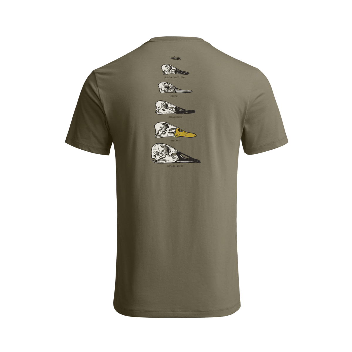 Waterfowl Skull T-shirt, dark sage green, back print of five bird skull icons