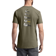 Waterfowl Skull T-shirt, dark sage green, back view with five bird skull graphic