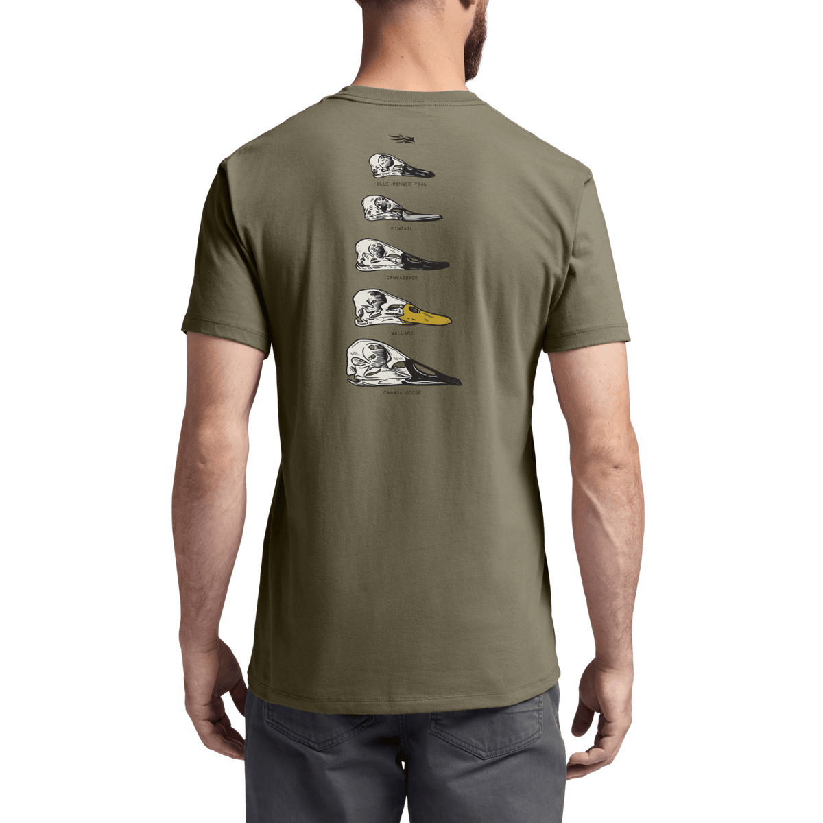 Waterfowl Skull T-shirt, dark sage green, back view with five bird skull graphic