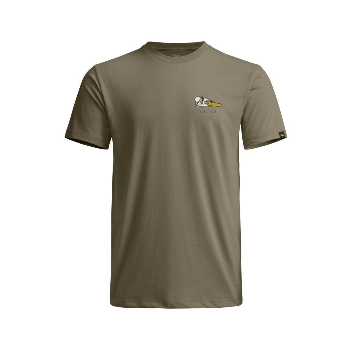 Olive-green waterfowl skull graphic T-shirt with small chest bird illustration