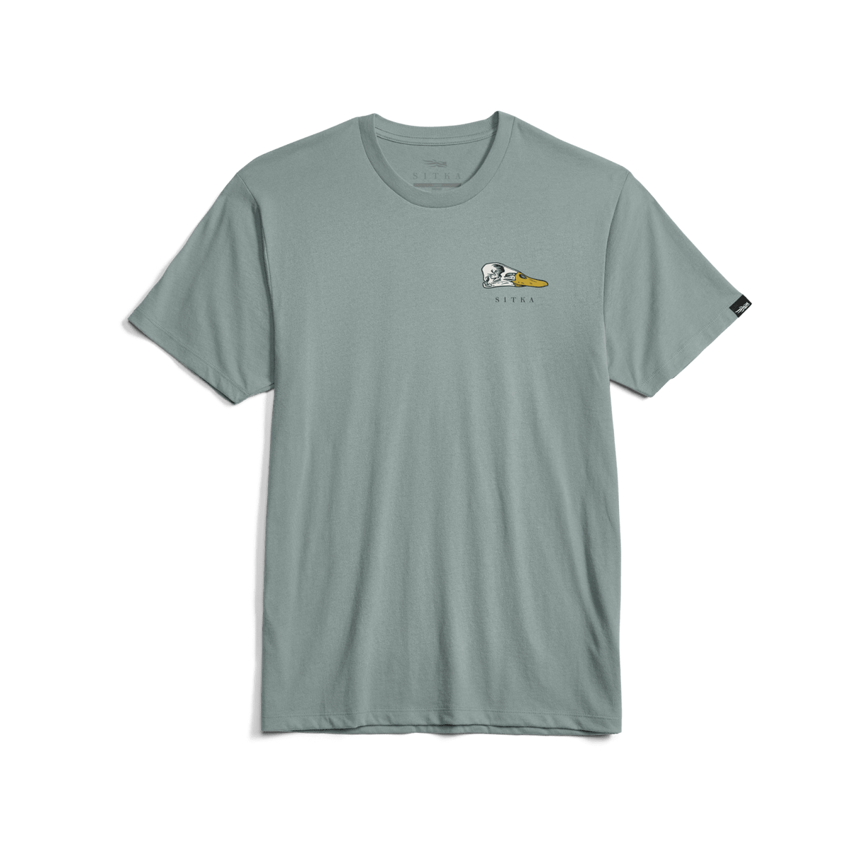 Waterfowl Skull T-shirt, surf blue, front chest bird skull graphic; small sleeve tag