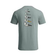 Light blue waterfowl skull graphic T-shirt with back vertical bird lineup print