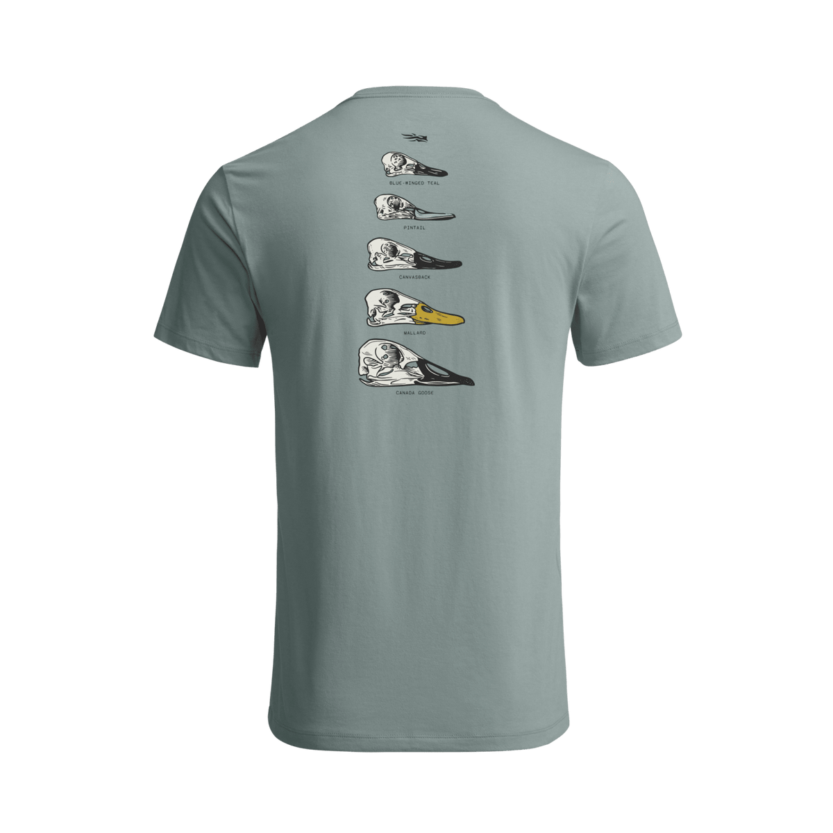 Light blue waterfowl skull graphic T-shirt with back vertical bird lineup print