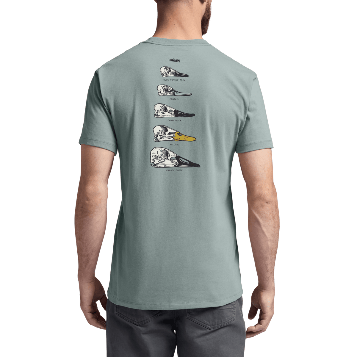 Light blue waterfowl skull graphic T-shirt with vertical back lineup of birds