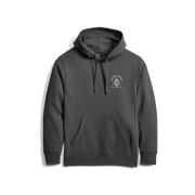 Dark gray pullover hoodie with kangaroo pocket and hood drawstrings, featuring Sitka Gear crest