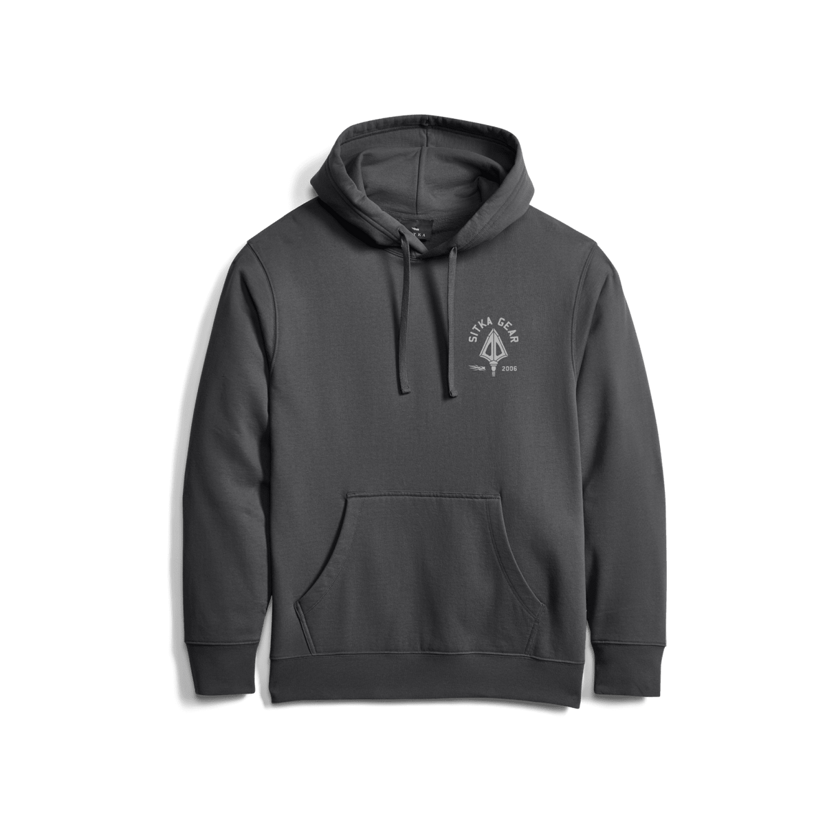 Dark gray pullover hoodie with kangaroo pocket and hood drawstrings, featuring Sitka Gear crest
