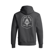 Dark gray pullover hoodie with large circular Sitka Gear crest graphic centered on the back
