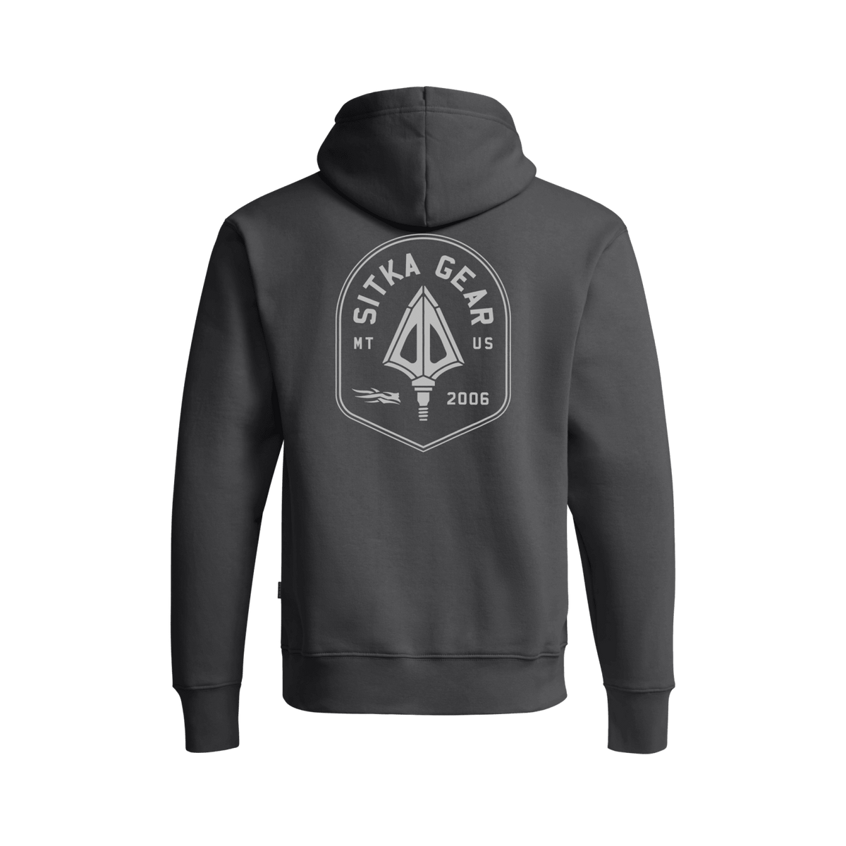 Dark gray pullover hoodie with large circular Sitka Gear crest graphic centered on the back