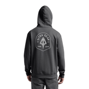 Dark gray pullover hoodie with large back Sitka Gear crest graphic and hood