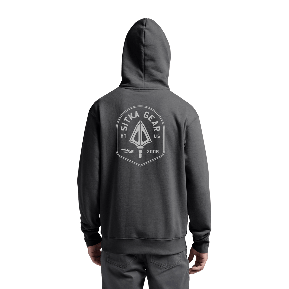 Dark gray pullover hoodie with large back Sitka Gear crest graphic and hood