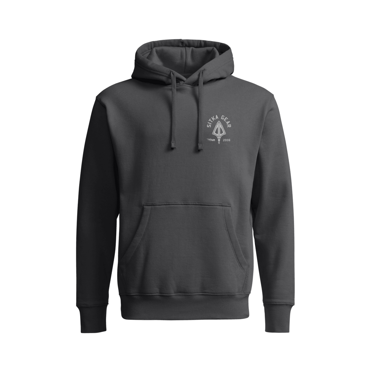 Dark gray pullover hoodie with hood and triangular back logo