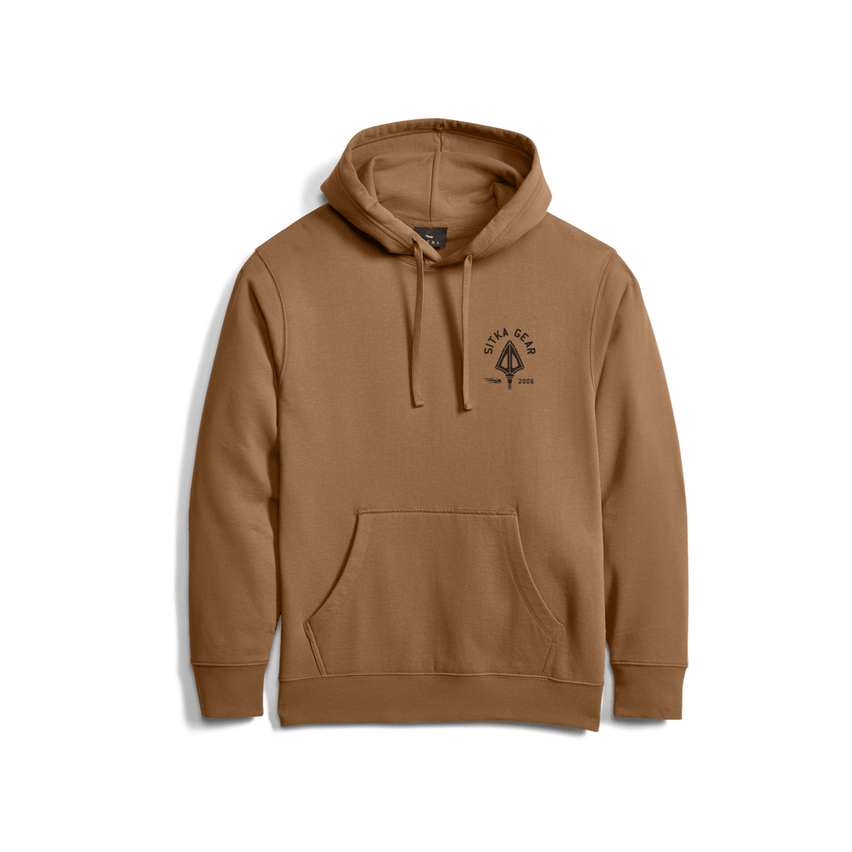 Tan brown pullover hoodie with adjustable hood, drawstrings, and Sitka Gear chest crest