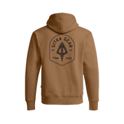 Brown pullover hoodie with hood and triangular back logo print