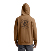 Brown pullover hoodie with hood and triangular back logo print