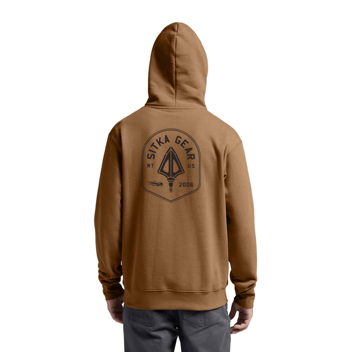 Brown pullover hoodie with hood and triangular back logo print