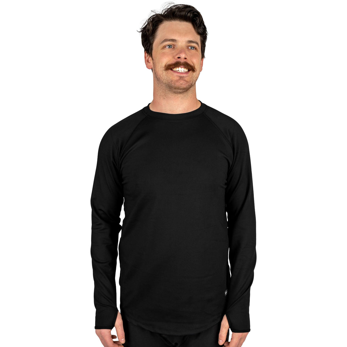 Black long-sleeve crew top with raglan sleeves and crew neckline