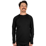 Black long-sleeve crew top with raglan sleeves and crew neckline