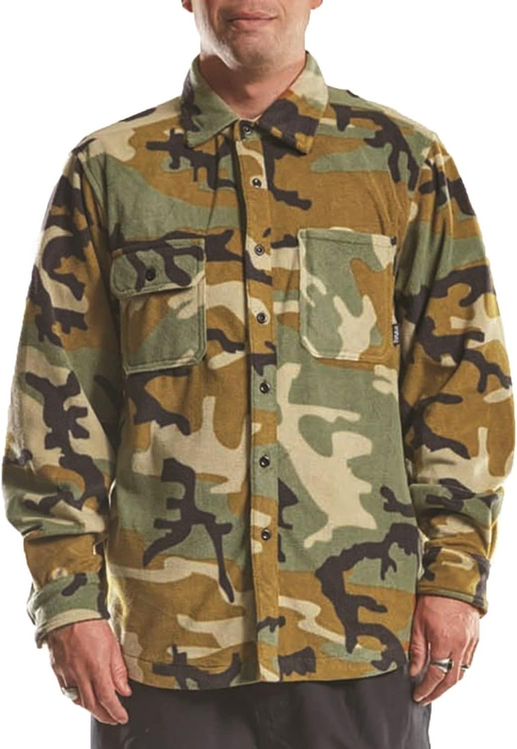 Men's camo polar fleece shirt with button front and two chest pockets