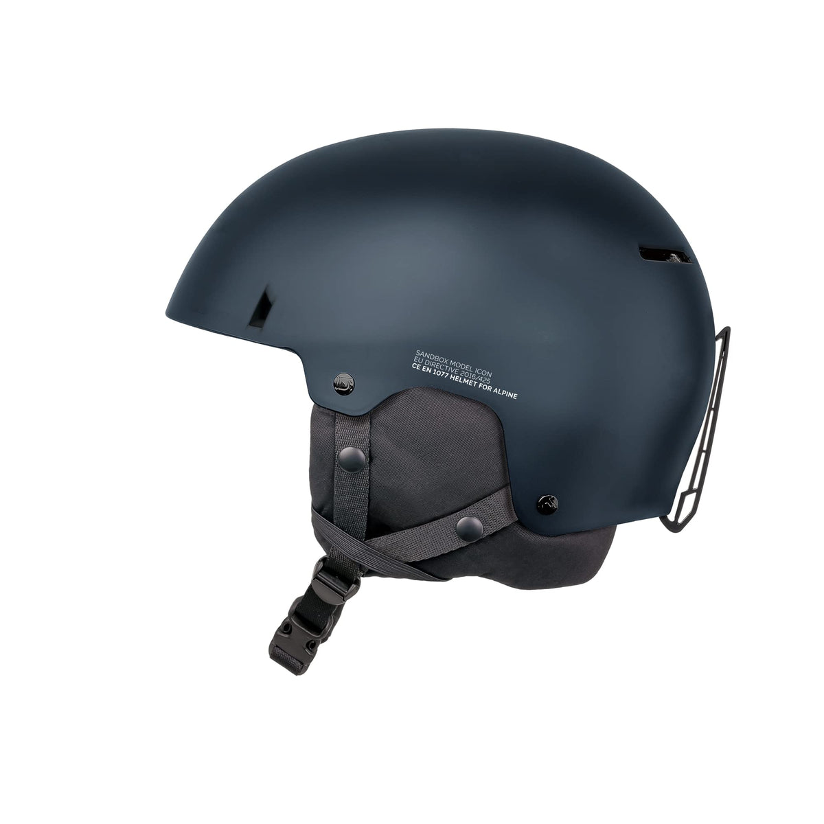Blue-gray snow helmet with chin strap and side safety guard, matte shell.