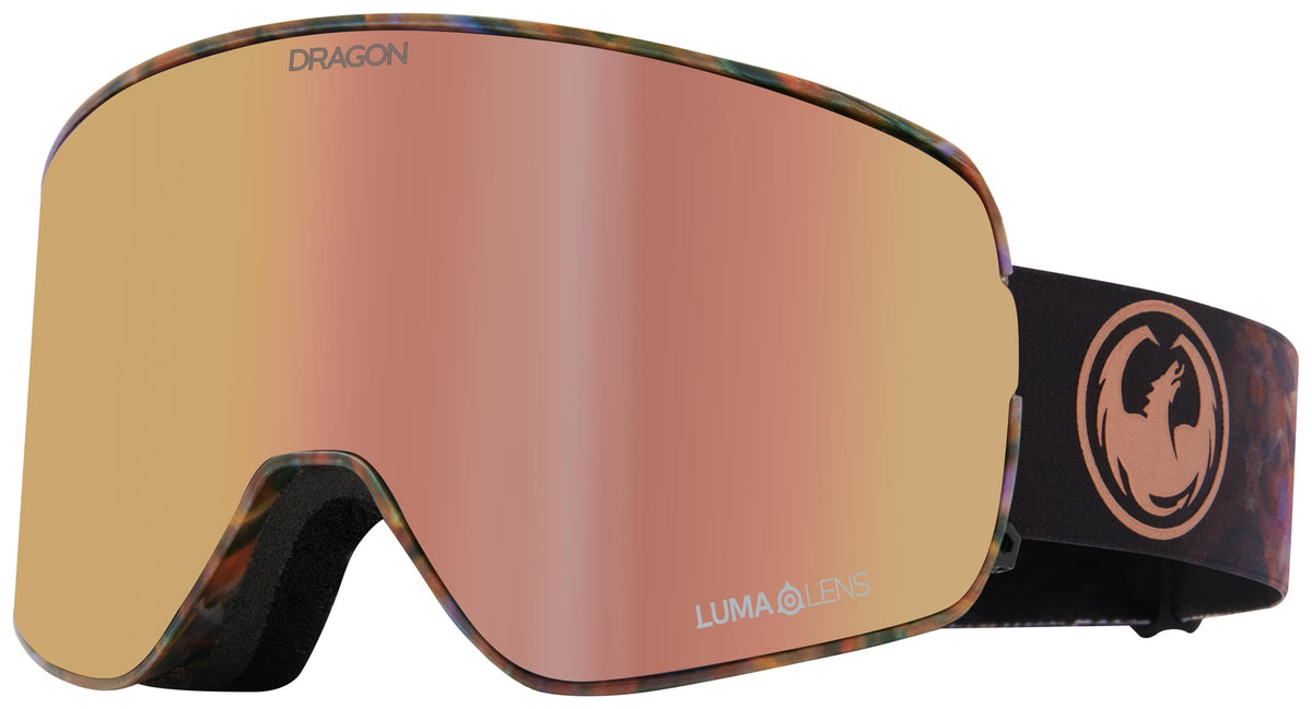 Amber mirrored snow goggles with black frame and patterned side logo, Luma Lens.