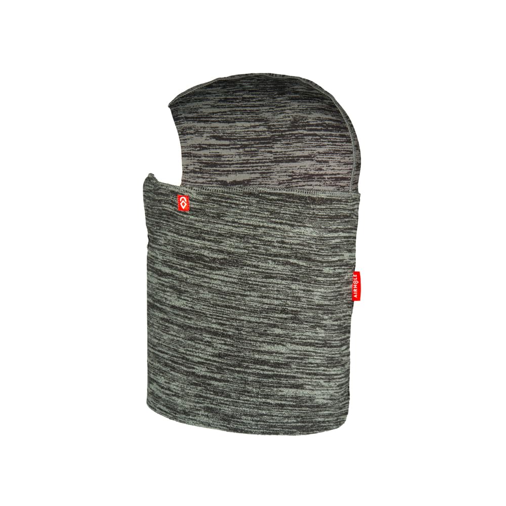 Heathered slate microfleece balaclava with neck coverage and branding tag