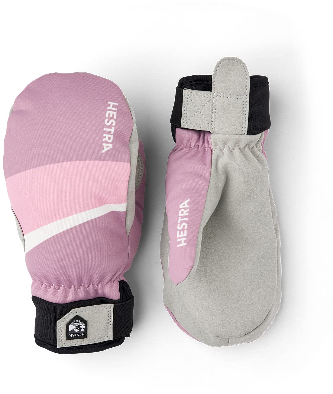 Hestra Tracker Jr. waterproof mittens in pink with light gray palm and black cuff