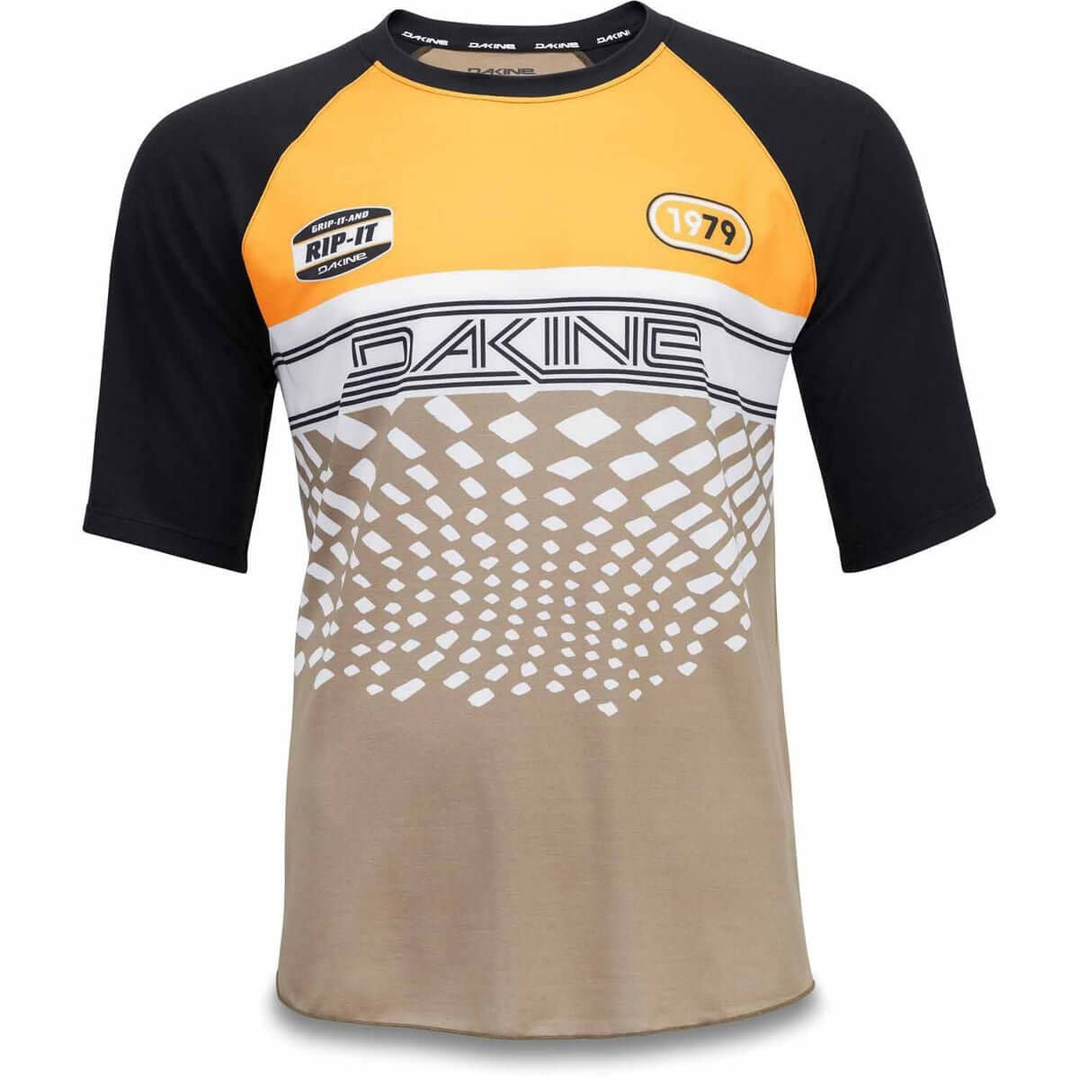 Dakine Dropout short-sleeve jersey, black raglan sleeves, orange chest with white pattern