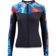 Dakine women's snug-fit long-sleeve zip jacket, black with blue/red abstract sleeves