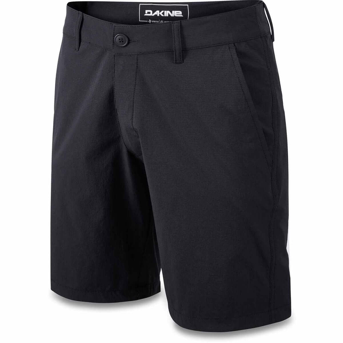 Black Dakine hybrid shorts with belt loops, button closure, and side pockets