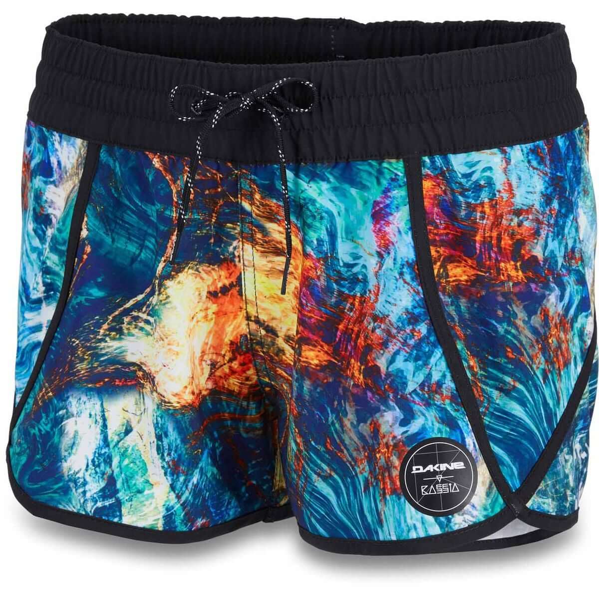 Women's boardshorts with elastic waist and black drawstring, multicolor abstract print.