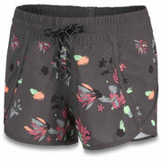 Women's boardshorts with elastic waist and black drawstring, charcoal floral and butterfly print.