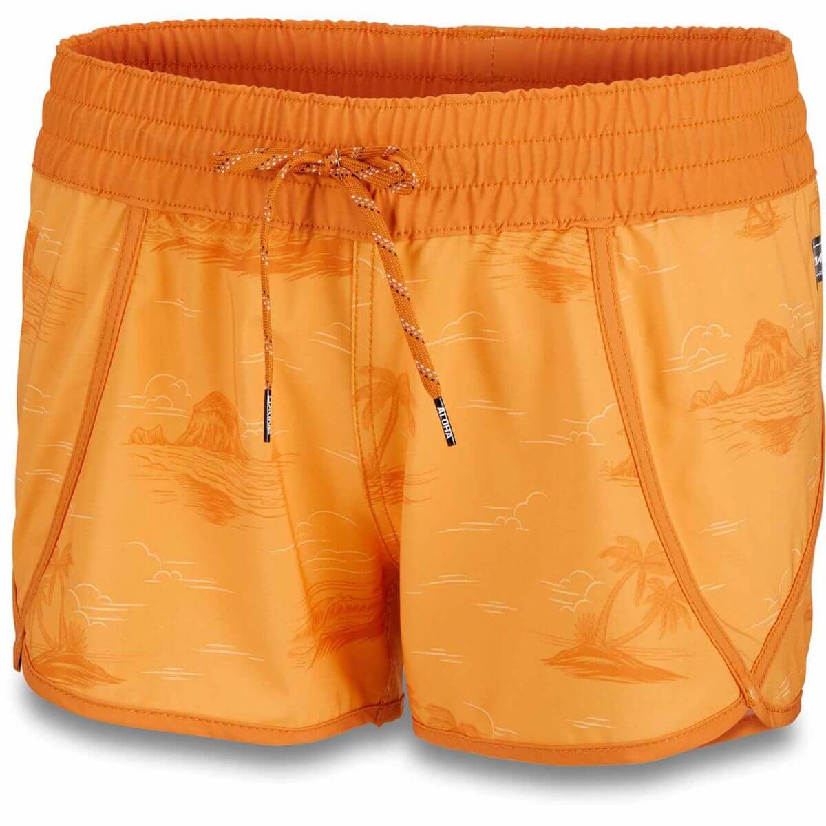 Women's boardshorts with elastic waist and orange drawstring, desert line-art pattern.
