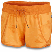 Women's boardshorts with elastic waist and orange drawstring, desert line-art pattern.