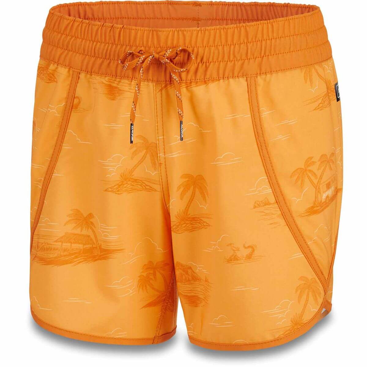 Women's Dauntless 5" boardshort, orange tropical line-art print, elastic waist and drawstring