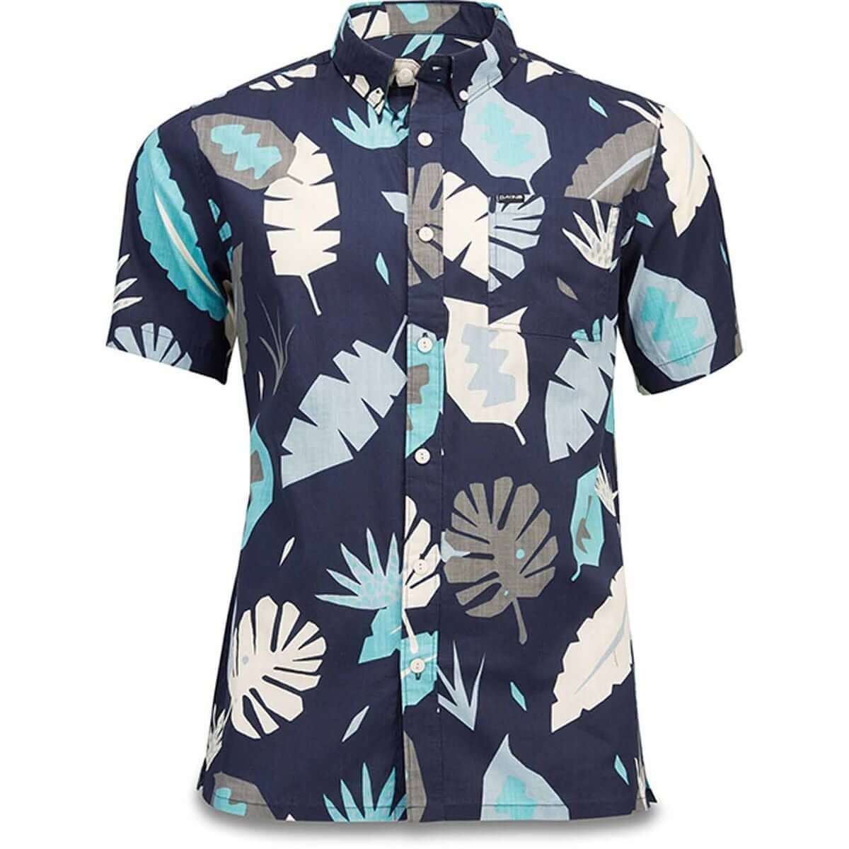 Dakine Poipu short-sleeve woven shirt, navy abstract leaf print with teal and white