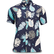 Dakine Poipu short-sleeve woven shirt, navy abstract leaf print with teal and white