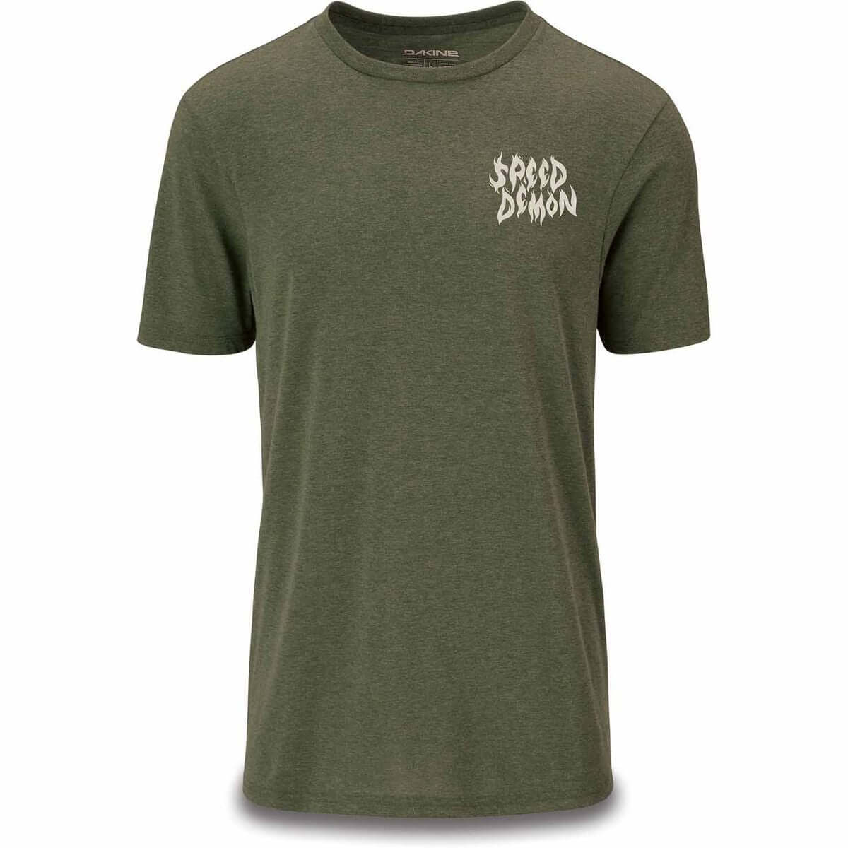 Dark olive short-sleeve tech T-shirt with Speed Demon graphic at chest