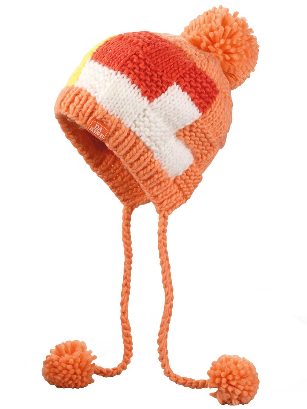 Girls knit beanie with earflaps, orange pom-poms, white stripe bands