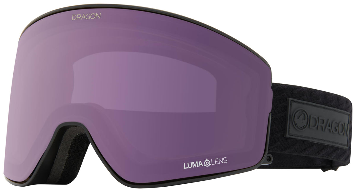Purple-tinted snow goggles with LUMA lens, black strap, and DRAGON logo branding.