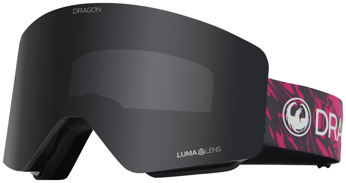 Snow goggles with dark smoke lens, black frame and red logo strap