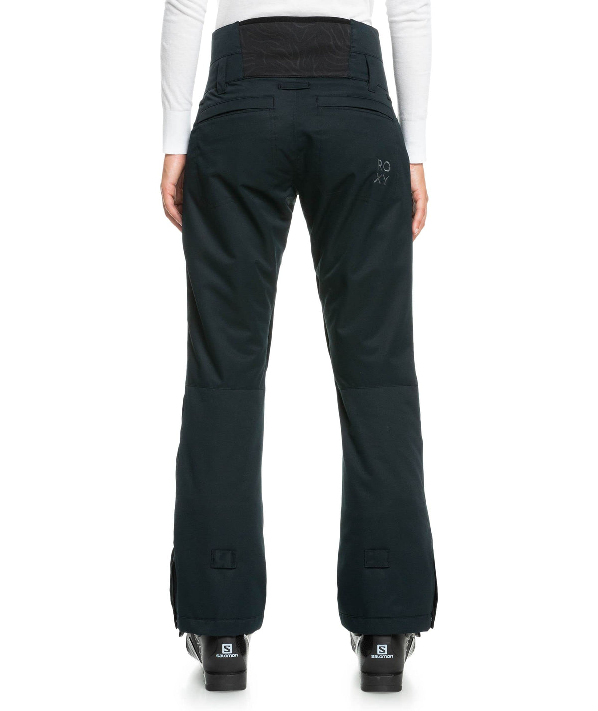 Women's black snow pants back view with center seam and adjustable ankle cuffs