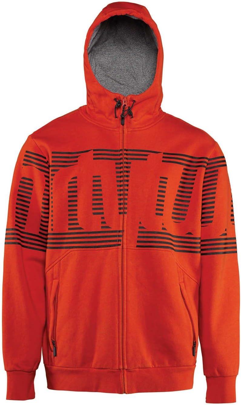 Men's tangerine stamped full-zip fleece hoodie, striped chest graphic, drawstring hood